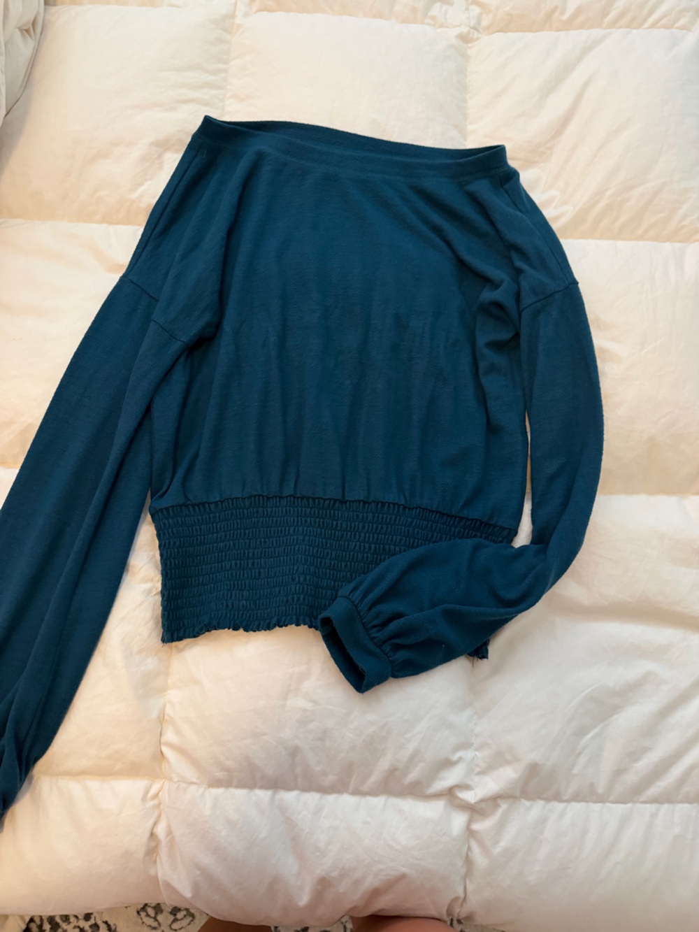 Abercrombie & Fitch Teal Off-Shoulder Smocked-Waist Sweater